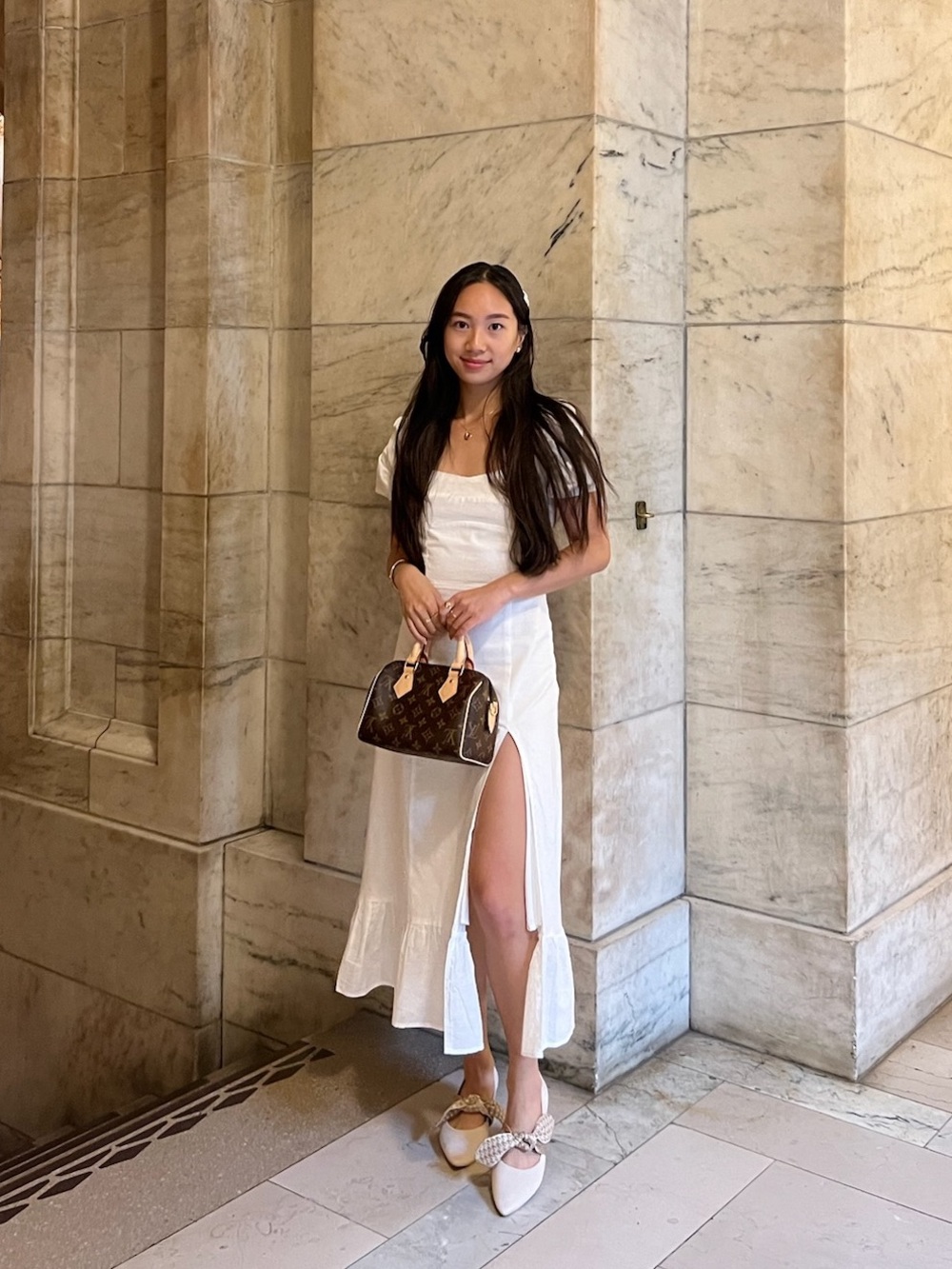 XS White Linen Puff Sleeve Split Hem Midi Dress